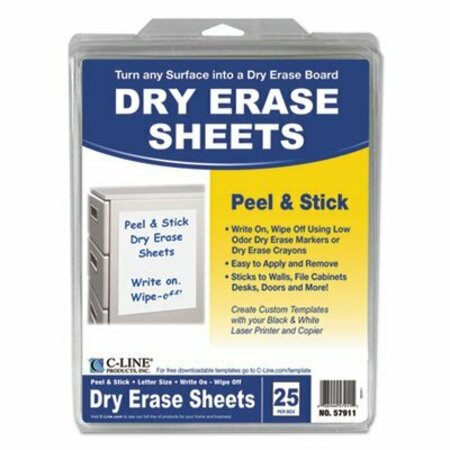C-LINE PRODUCTS C-Line, Peel And Stick Dry Erase Sheets, 8 1/2 X 11, White/box, 25PK 57911